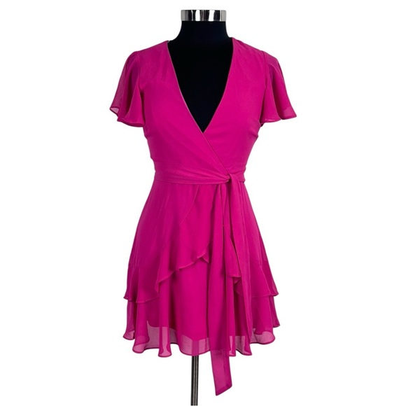 LULUS SWEET LIKE YOU HOT PINK RUFFLED SURPLICE CHIFFON MINI DRESS - Picture 4 of 16
